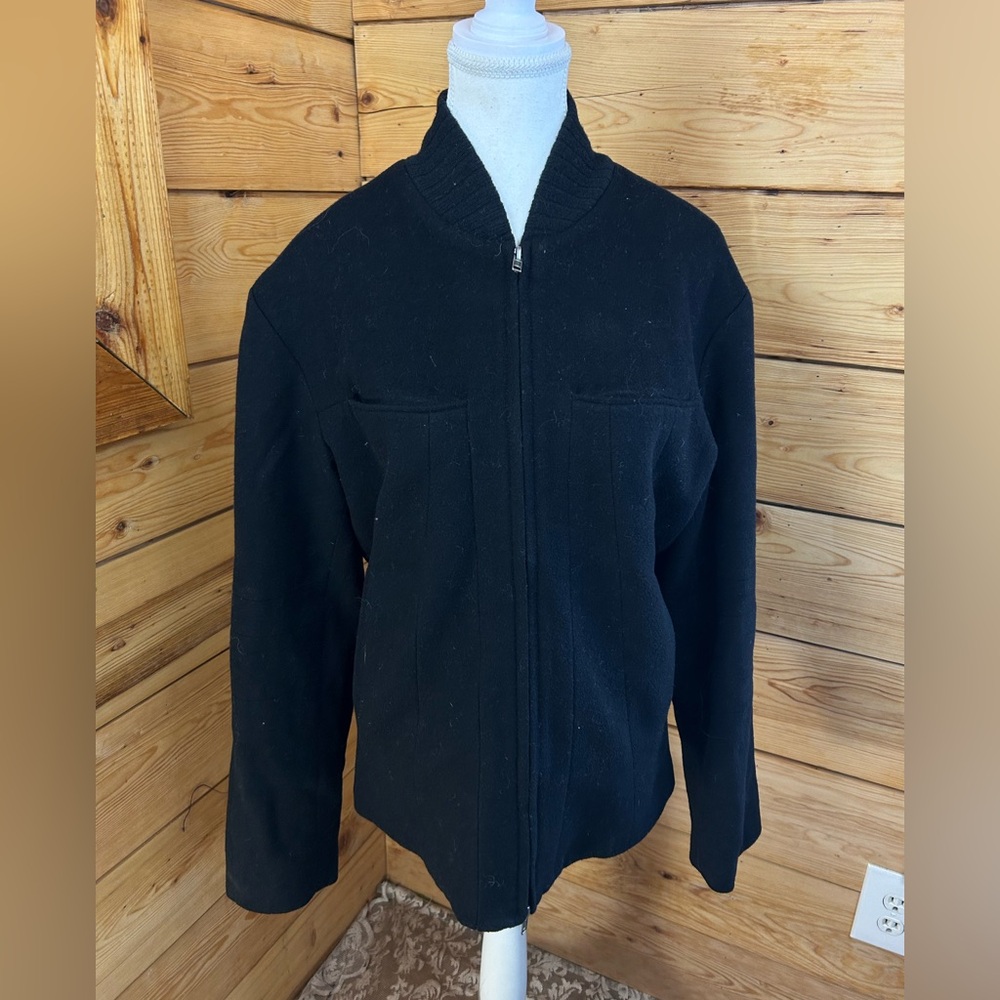 Women's Small Wool‎ Black Zip-Up Jacket Varsity Classic Quiet Luxury Minimalist